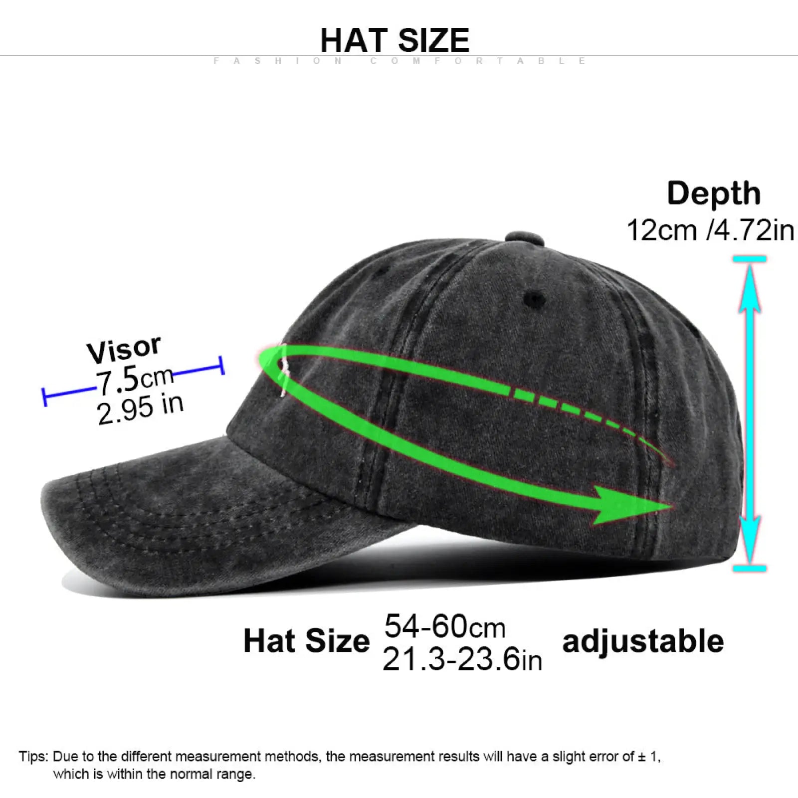 Dark gray slightly worn denim embroidered mountain baseball cap with curved brim and adjustable strap shown from the back