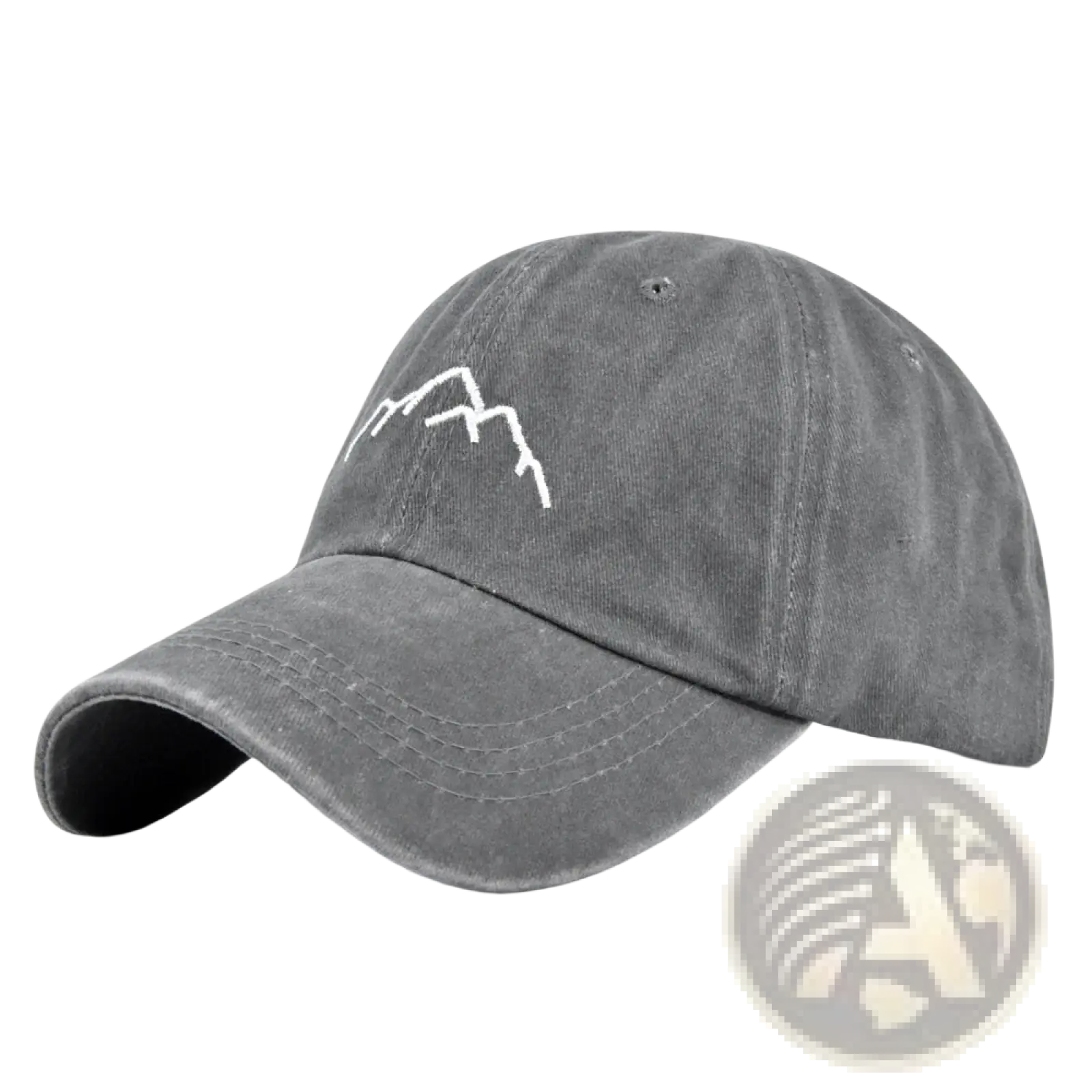 Gray distressed cotton baseball cap with white embroidered mountain design embroidered mountain baseball cap