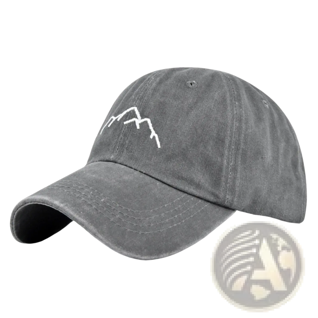 Gray distressed cotton baseball cap with white embroidered mountain design embroidered mountain baseball cap