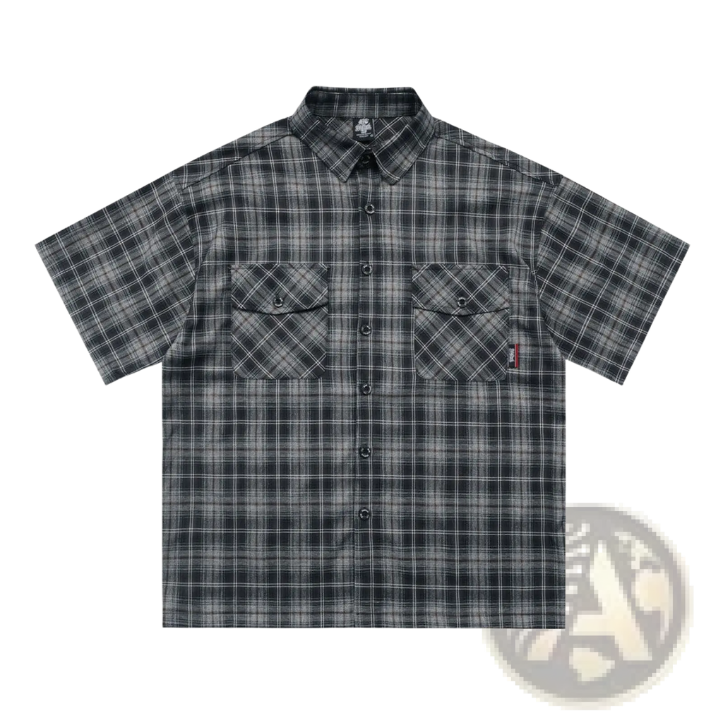 Embroidered plaid short sleeve shirt in black and gray with button-up front and two chest pockets