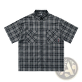 Embroidered plaid short sleeve shirt in black and gray with button-up front and two chest pockets