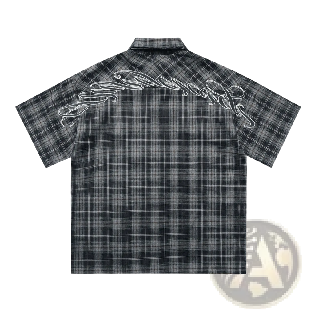 Embroidered plaid short sleeve shirt in black and gray with white cursive embroidery on the back side