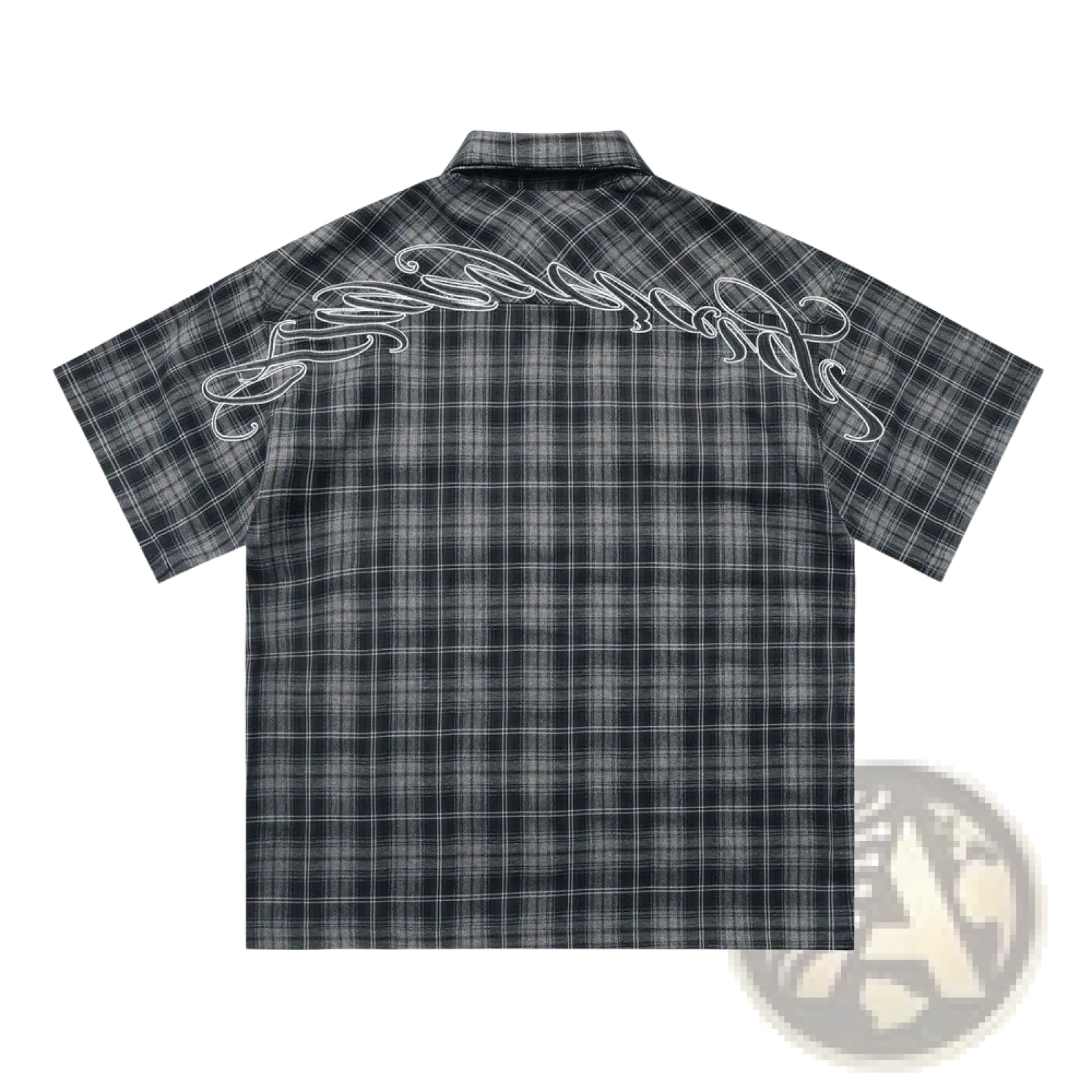 Embroidered plaid short sleeve shirt in black and gray with white cursive embroidery on the back side