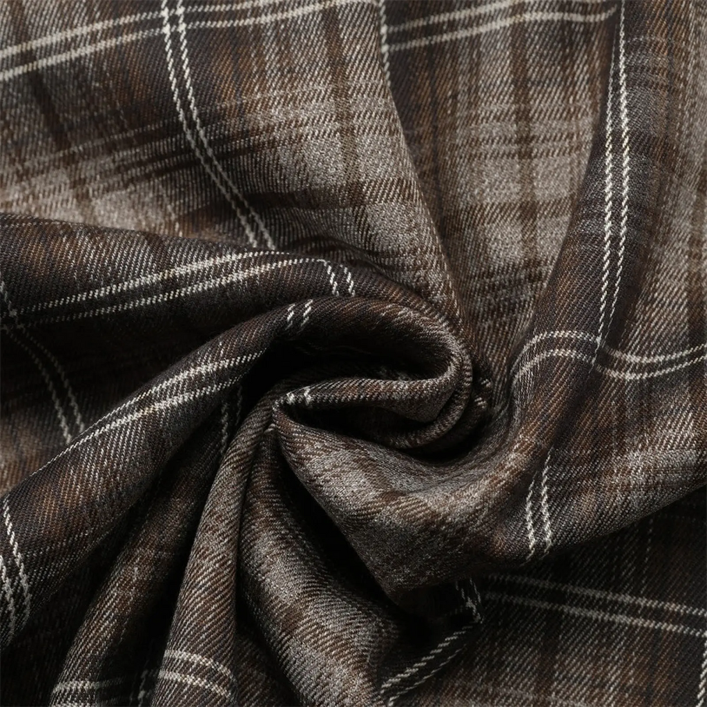 Embroidered plaid short sleeve shirt made of brown and white textured woven fabric with a plaid pattern