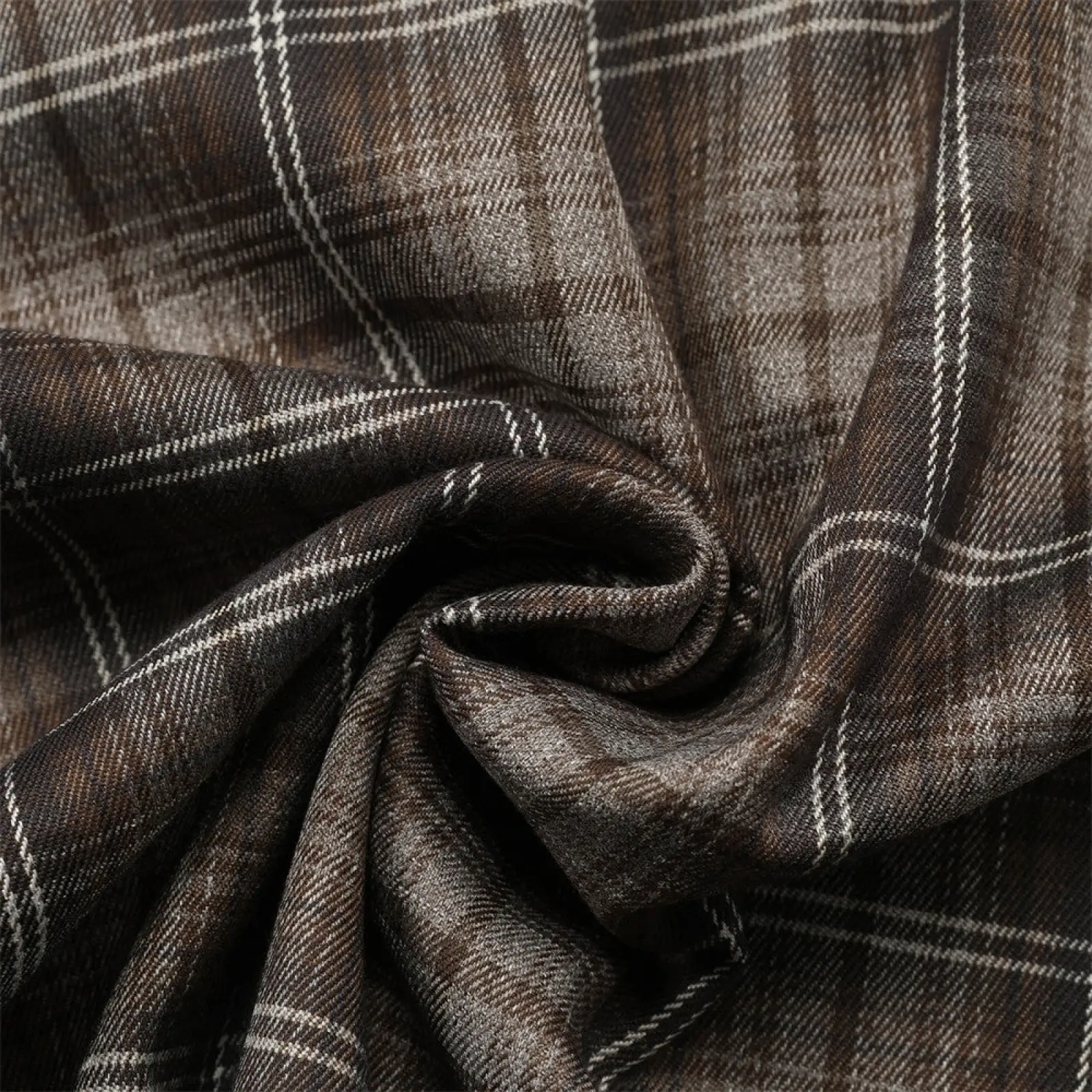 Embroidered plaid short sleeve shirt made of brown and white textured woven fabric with a plaid pattern
