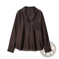 Dark brown satin embroidered satin button up blouse with subtle sheen and floral pocket detail