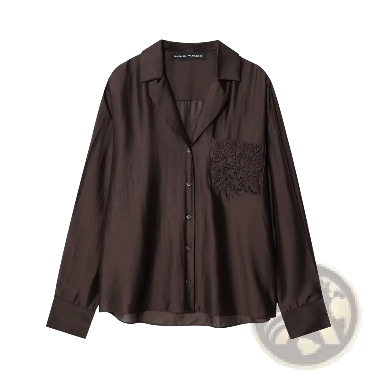 Dark brown satin embroidered satin button up blouse with subtle sheen and floral pocket detail