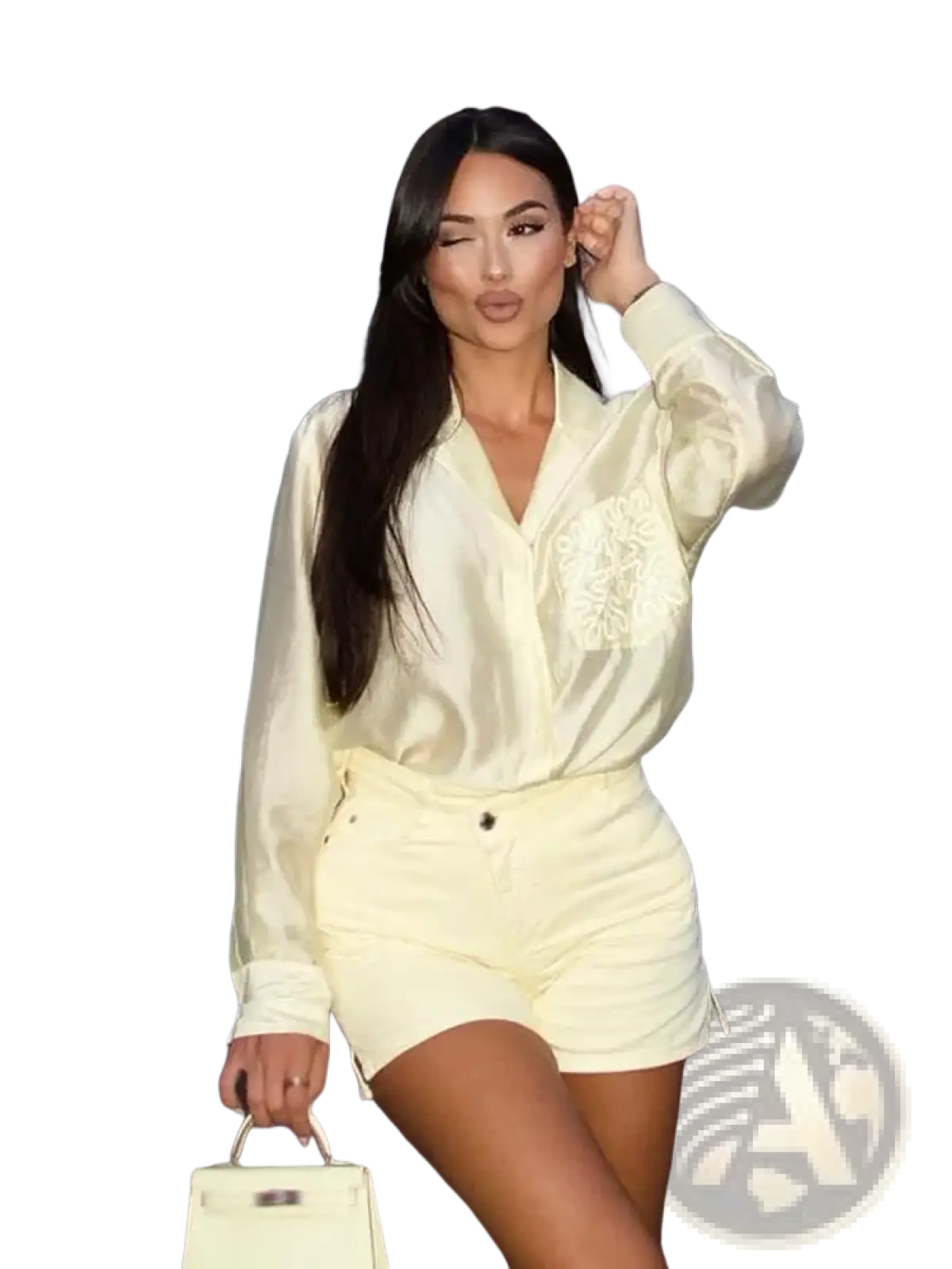 Cream-colored satin button up blouse with delicate floral embroidery on the chest for elegant wear