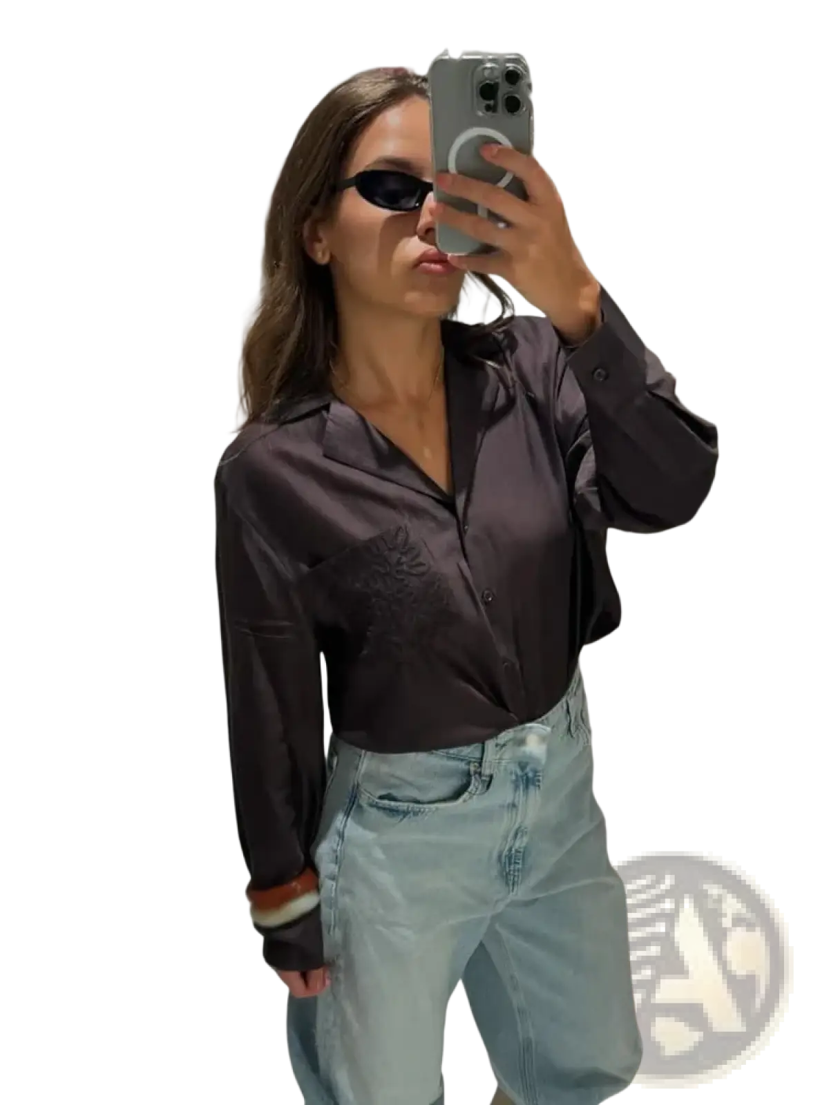 Dark gray satin embroidered button-up blouse with a subtle design on the left chest for elegant occasions
