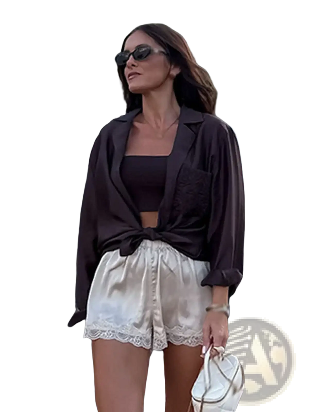 White satin shorts with delicate lace trim paired with an embroidered satin button up blouse in white