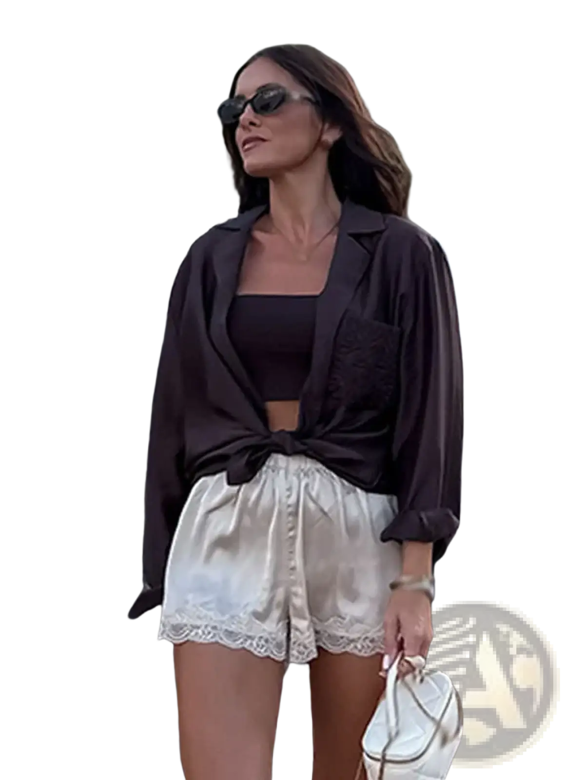 White satin shorts with delicate lace trim paired with an embroidered satin button up blouse in white