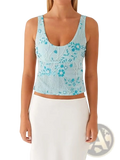 Light blue embroidered sequin crop top with floral embroidery and scoop neckline in lightweight beaded fabric