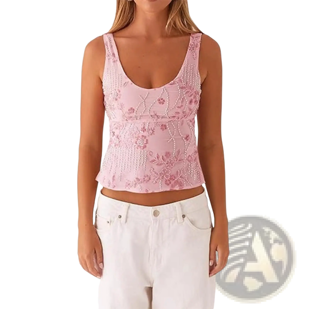 A delicate pink embroidered sequin crop top with intricate floral embroidery beaded details and scoop neckline