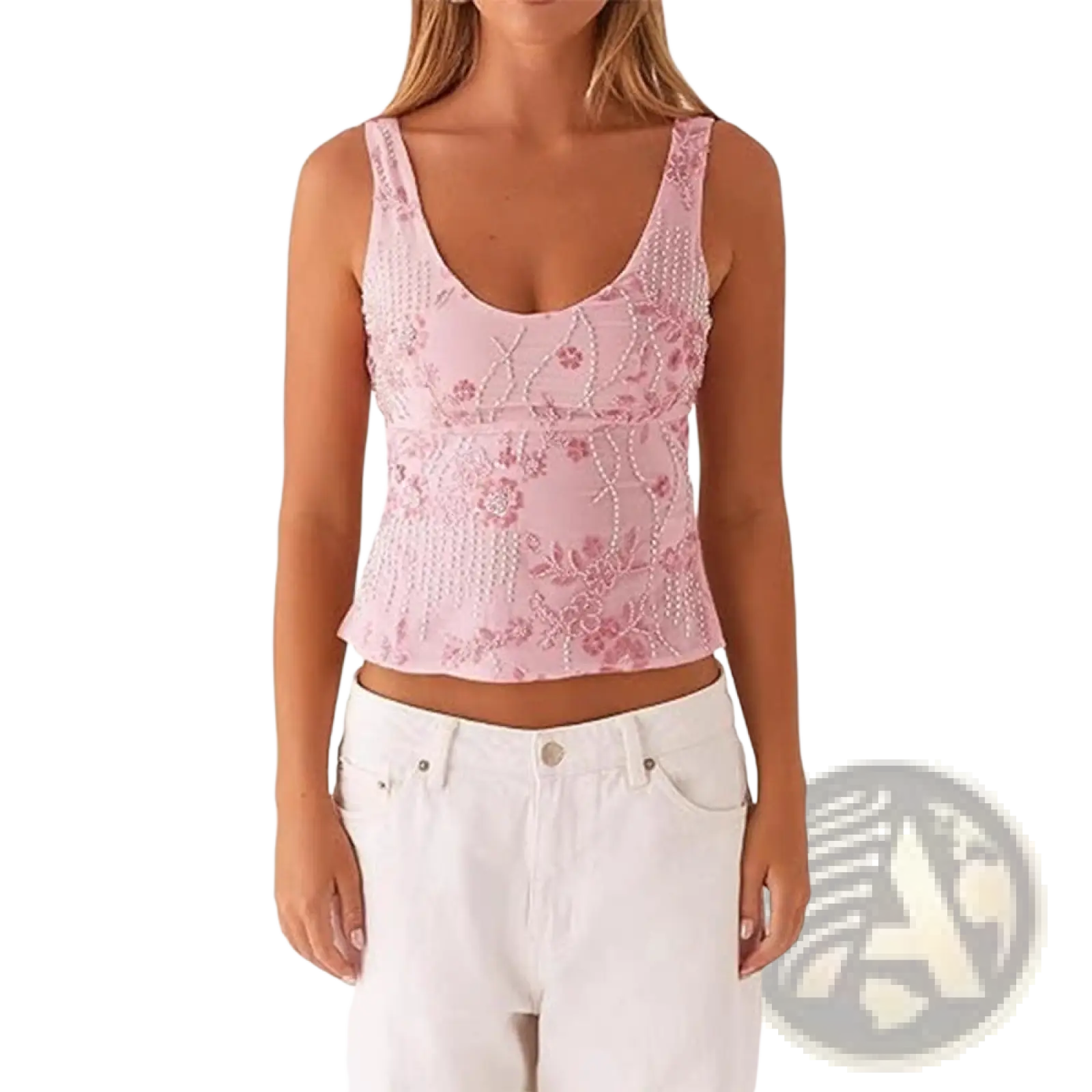 A delicate pink embroidered sequin crop top with intricate floral embroidery beaded details and scoop neckline