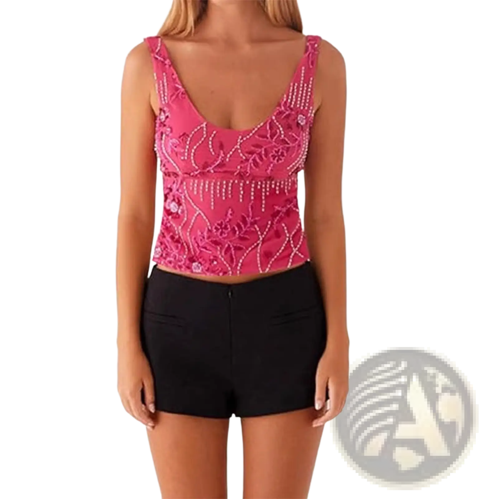 A vibrant pink embroidered sequin crop top with intricate white beading and floral embroidery, sleeveless design