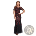 A black and burgundy embroidered sequin mermaid evening gown with sheer short sleeves and a tulle skirt