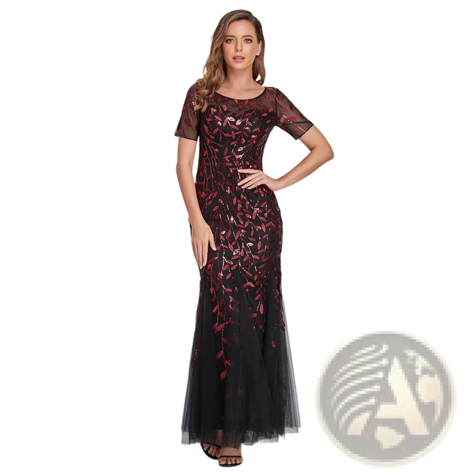 A black and burgundy embroidered sequin mermaid evening gown with sheer short sleeves and a tulle skirt