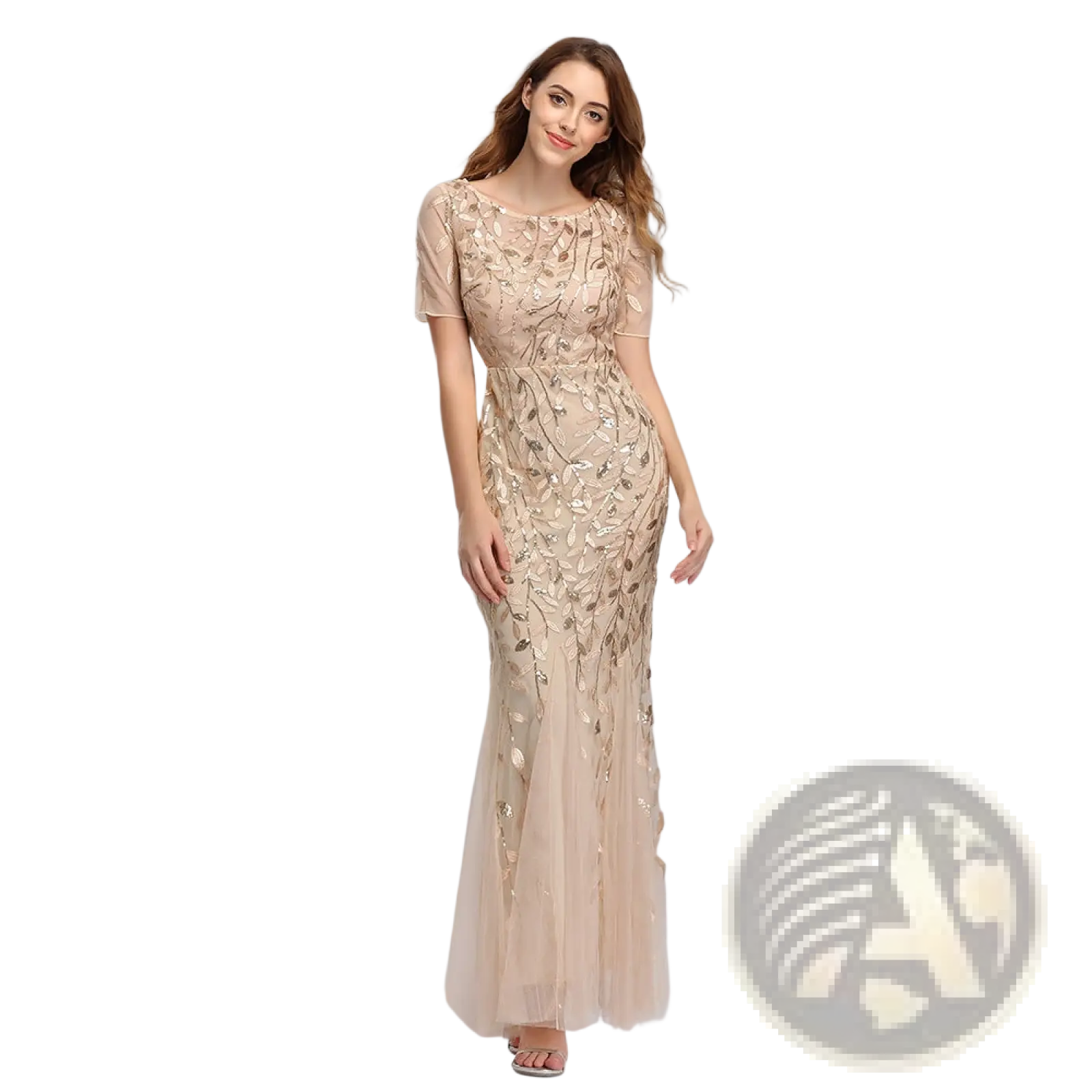 Embroidered sequin mermaid evening gown in shimmering champagne with gold leaf embroidery and sheer tulle skirt