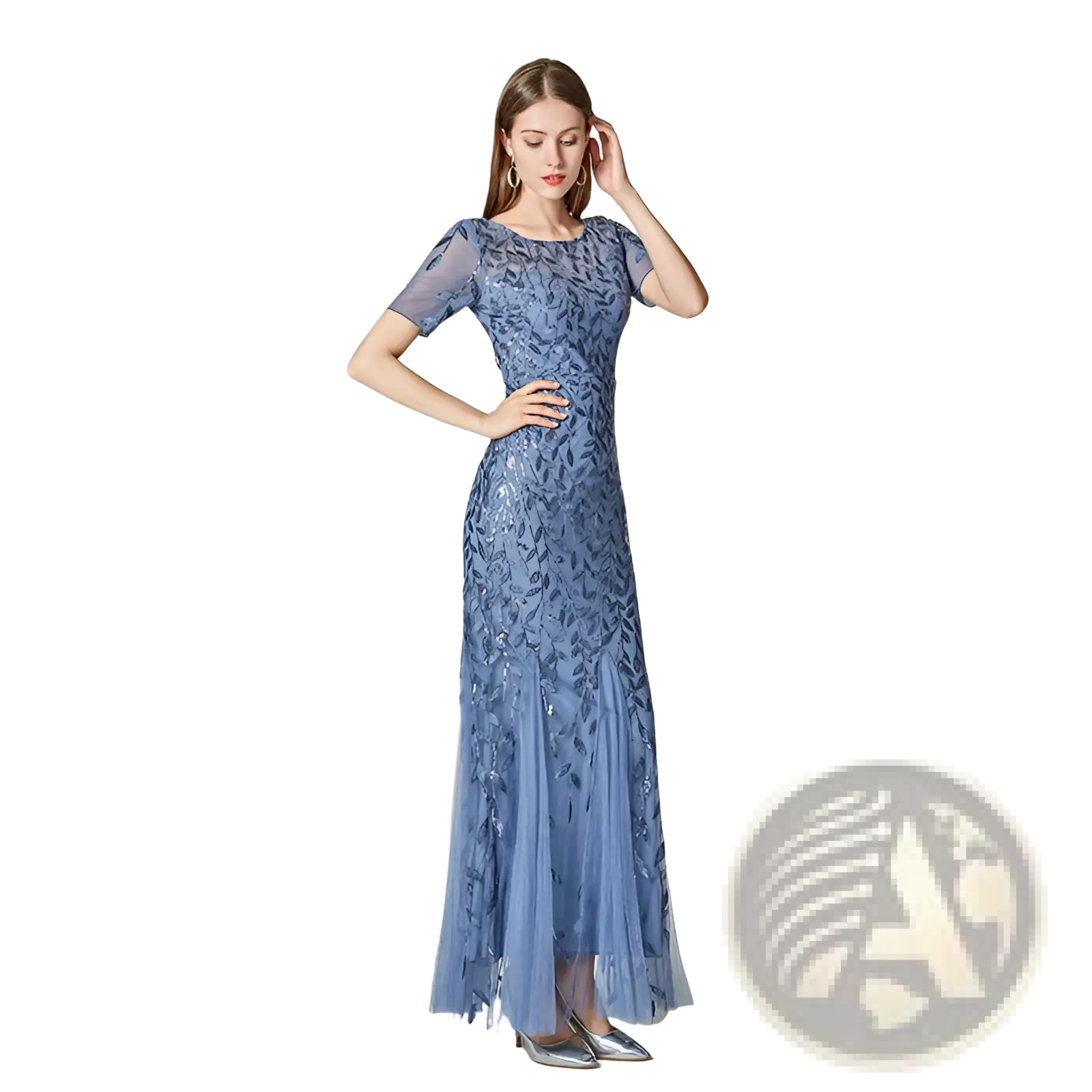 A sophisticated blue lace embroidered sequin mermaid evening gown with short sleeves and flowing sheer tulle skirt