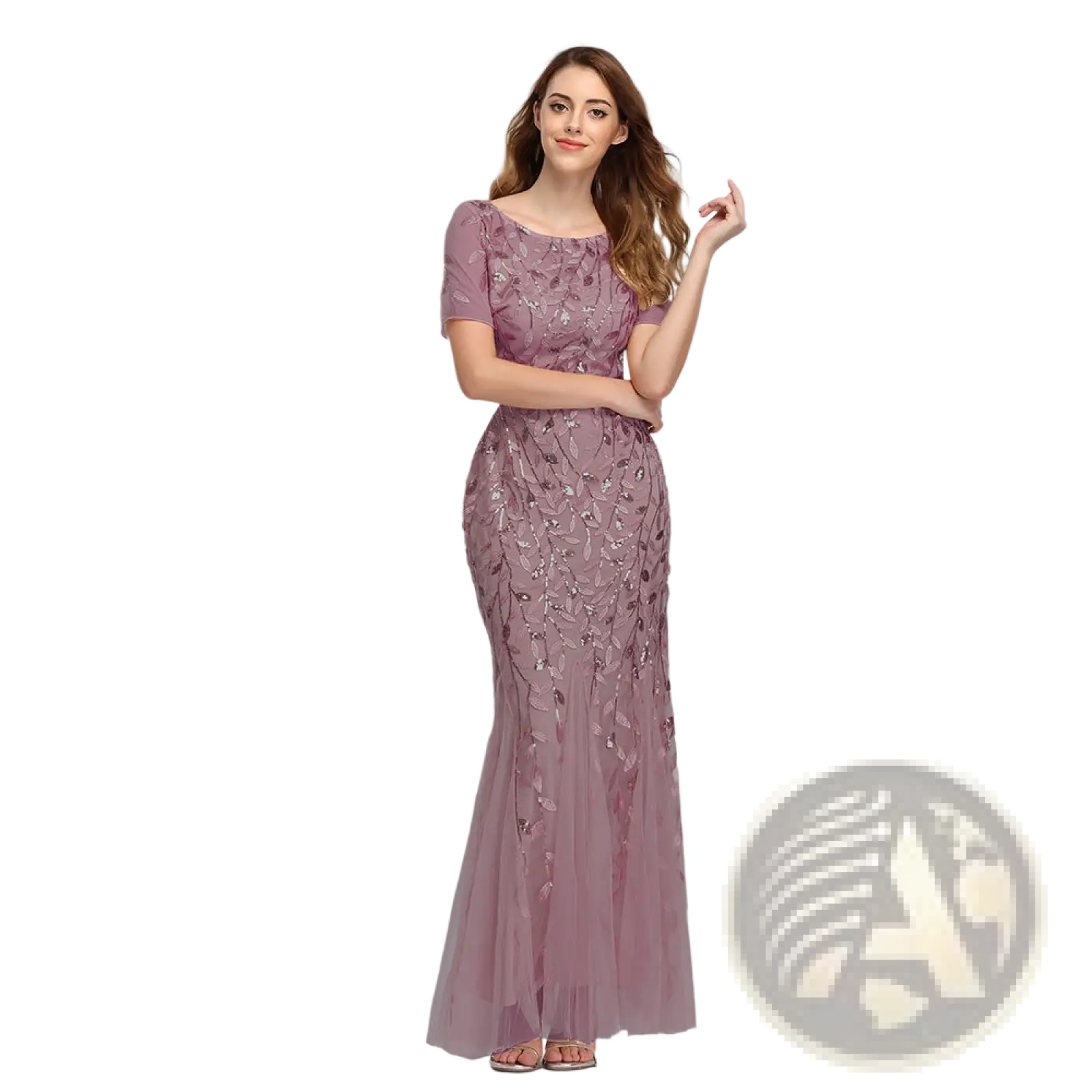 Lavender lace embroidered sequin mermaid evening gown with short sleeves and tulle skirt featuring floral embroidery