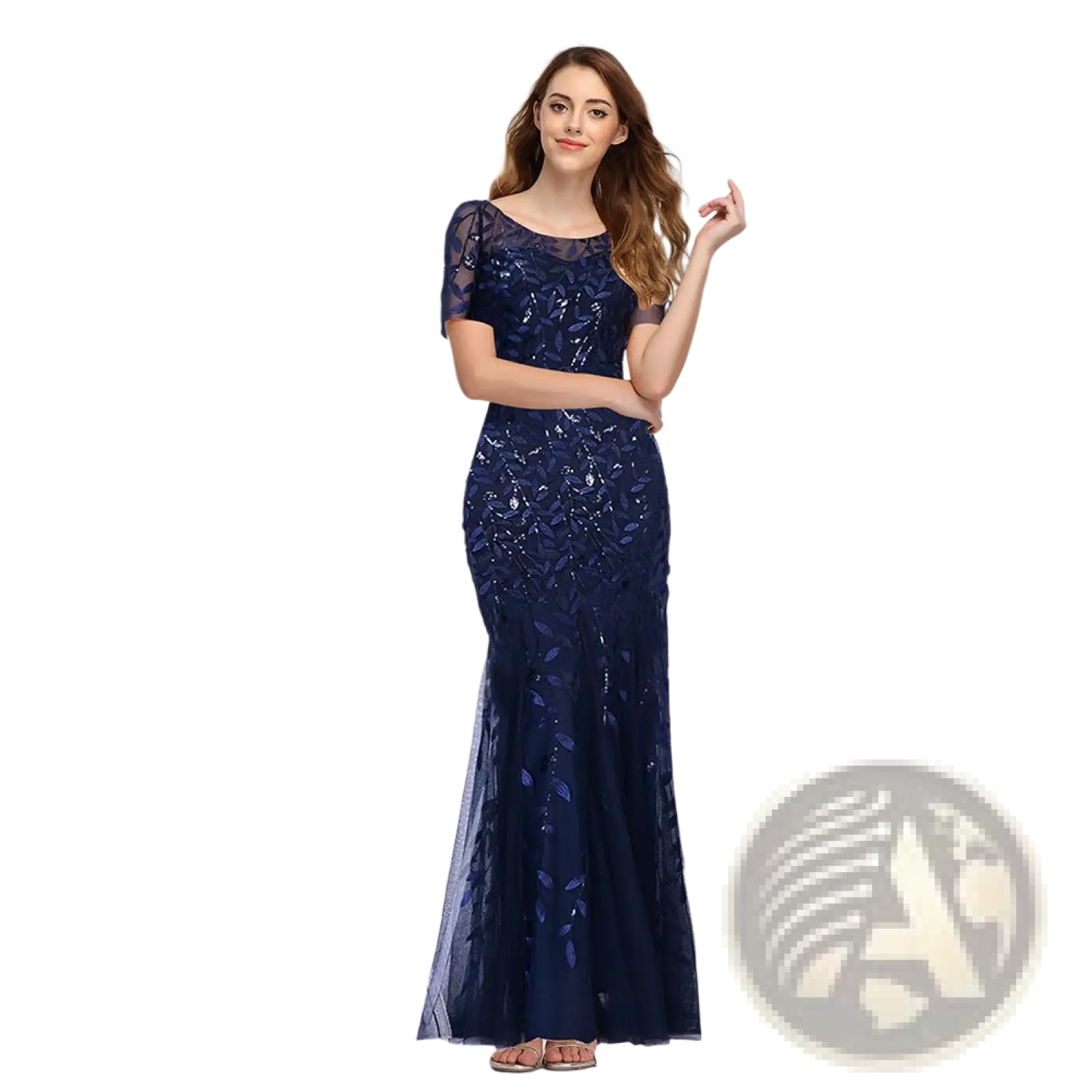 A navy blue embroidered sequin mermaid evening gown with intricate leaf-patterned lace sleeves and a tulle skirt