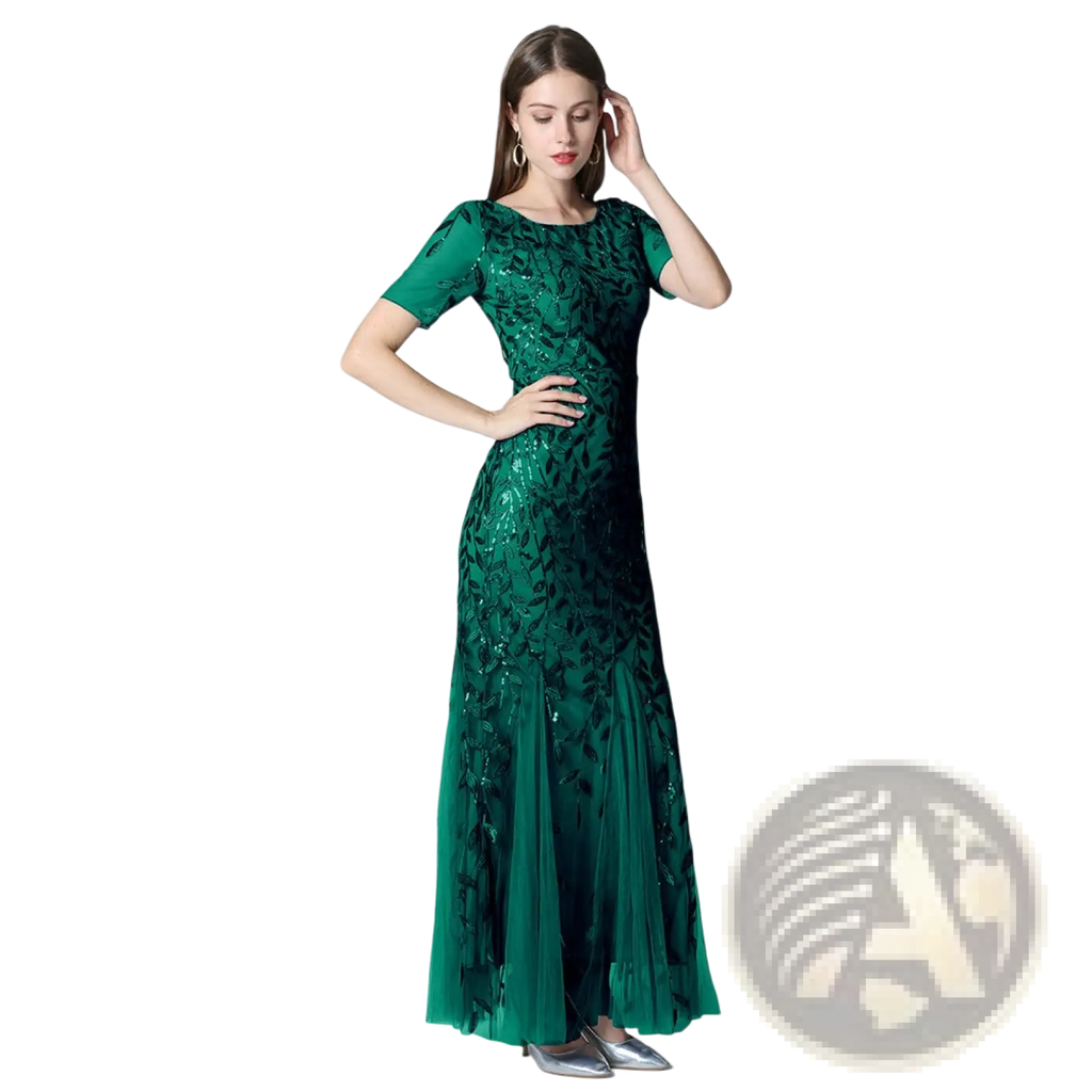 Emerald green embroidered sequin mermaid evening gown with short sleeves and flowing tulle skirt displayed from front