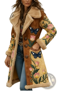 Brown shearling woolen overcoat with pink yellow green and blue floral and butterfly embroidery