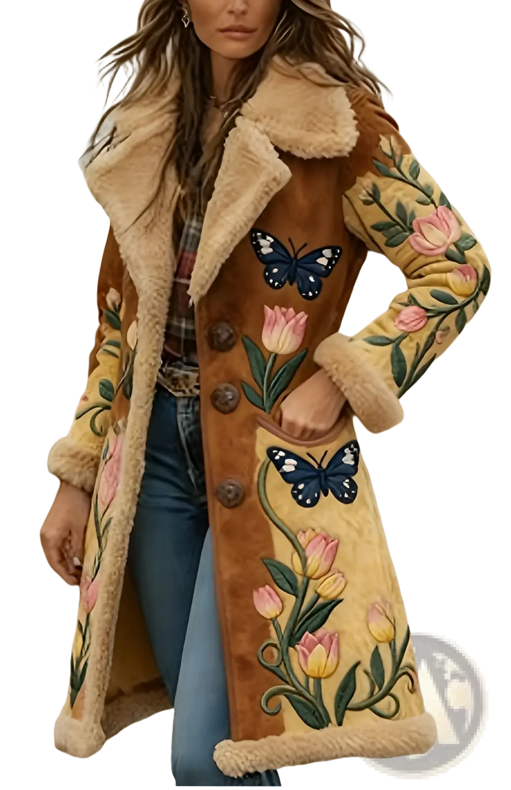 Brown shearling woolen overcoat with pink yellow green and blue floral and butterfly embroidery