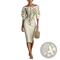Embroidered off shoulder floral puff sleeve cream dress with yellow green and purple intricate embroidery on bodice and sleeves