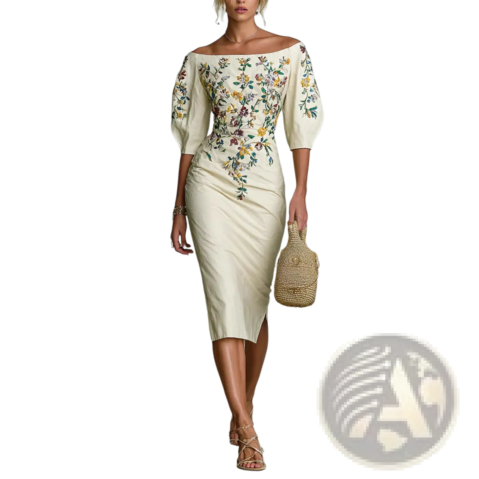 Off-the-shoulder cream dress with floral embroidery and three-quarter puff sleeves ideal for elegant occasions