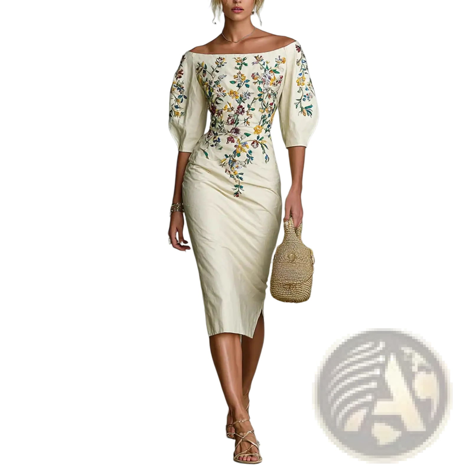 Embroidered off shoulder floral puff sleeve cream dress with intricate yellow green and purple embroidery