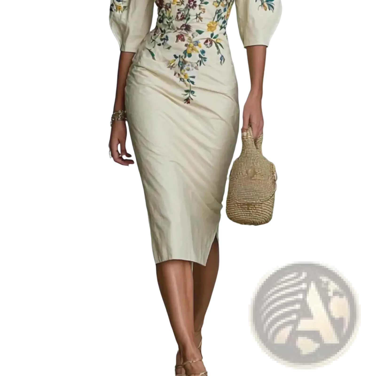 Cream-colored embroidered off shoulder midi dress with yellow green and brown floral embroidery on the bodice