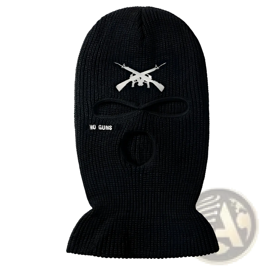 Black knitted windproof ski mask balaclava with white embroidered crossed rifles and no guns text