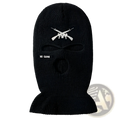 Black knitted windproof ski mask balaclava with white embroidered crossed rifles and no guns text