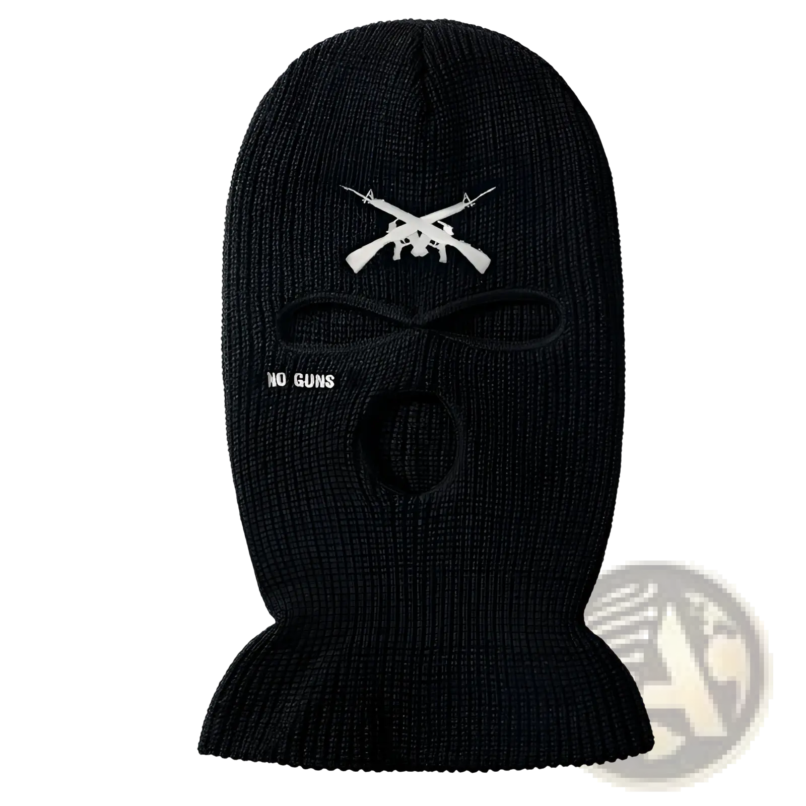 Black knitted windproof ski mask balaclava with white embroidered crossed rifles and no guns text
