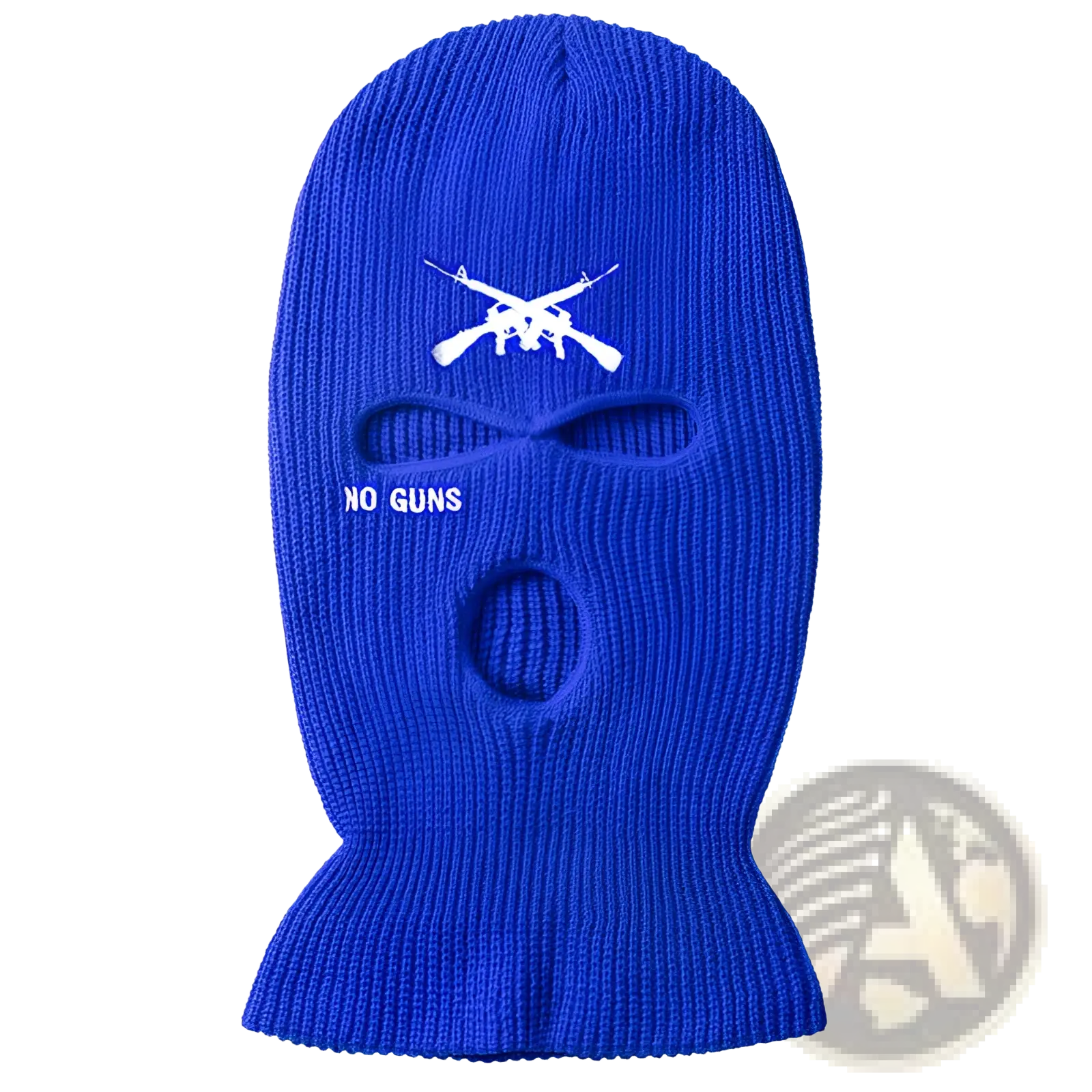 Vibrant royal blue knitted windproof balaclava with white embroidered crossed rifles and no guns text for skiing