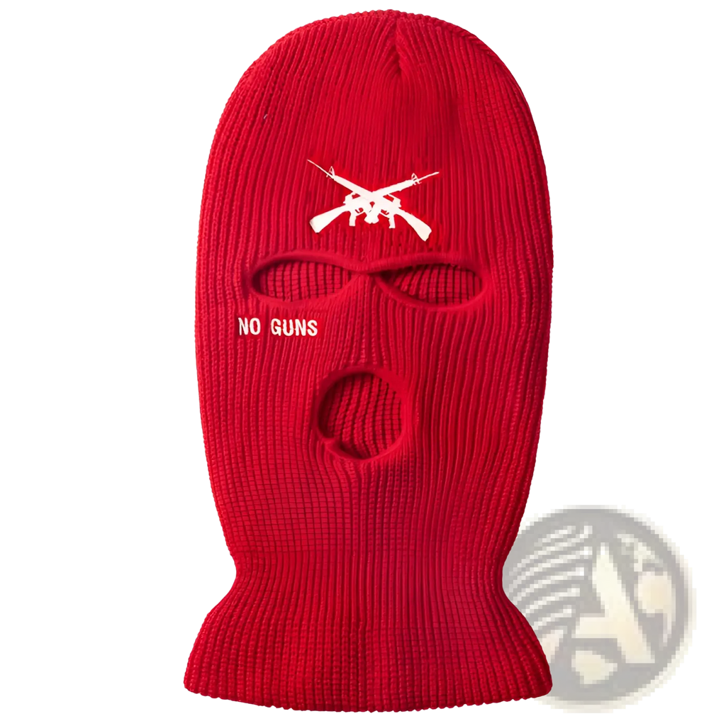 Red knitted ski mask balaclava with white embroidered crossed rifles and no guns text windproof hat