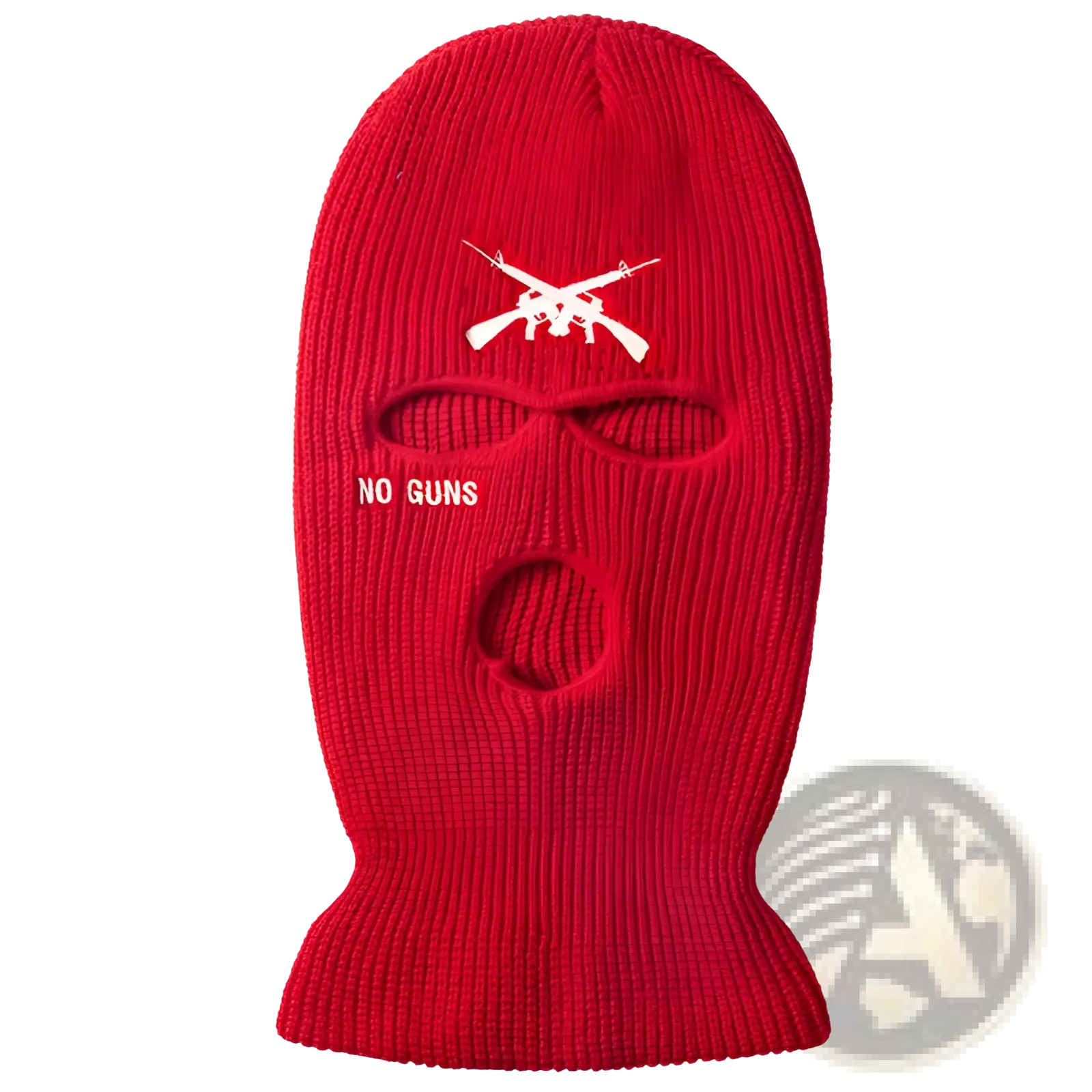 Red knitted ski mask balaclava with white embroidered crossed rifles and no guns text windproof hat