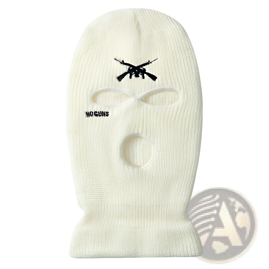 Off-white knitted windproof balaclava hat with black embroidered crossed rifles and no guns text above eye holes