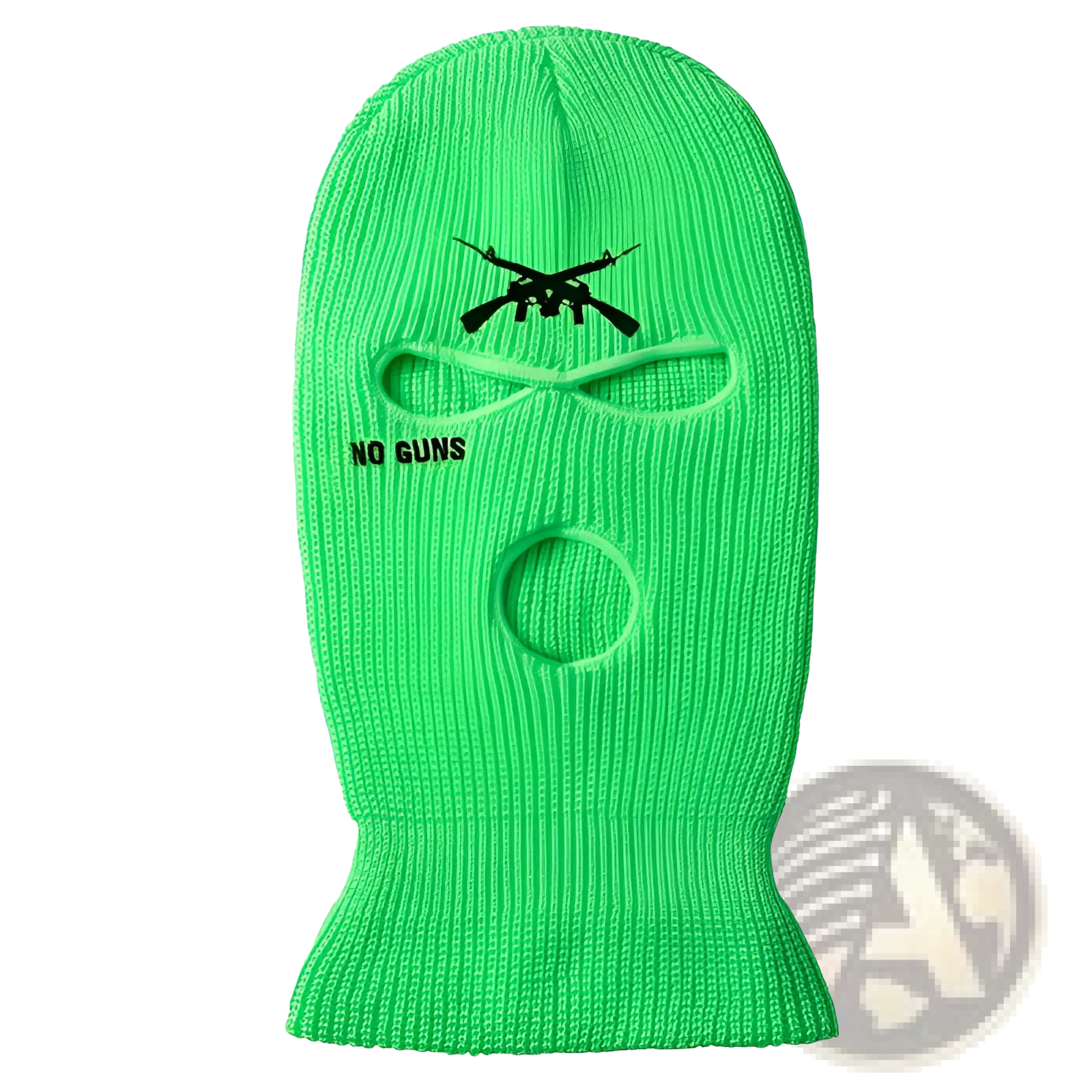 Embroidered ski mask balaclava knitted windproof hat in bright neon green with black crossed guns and no guns text