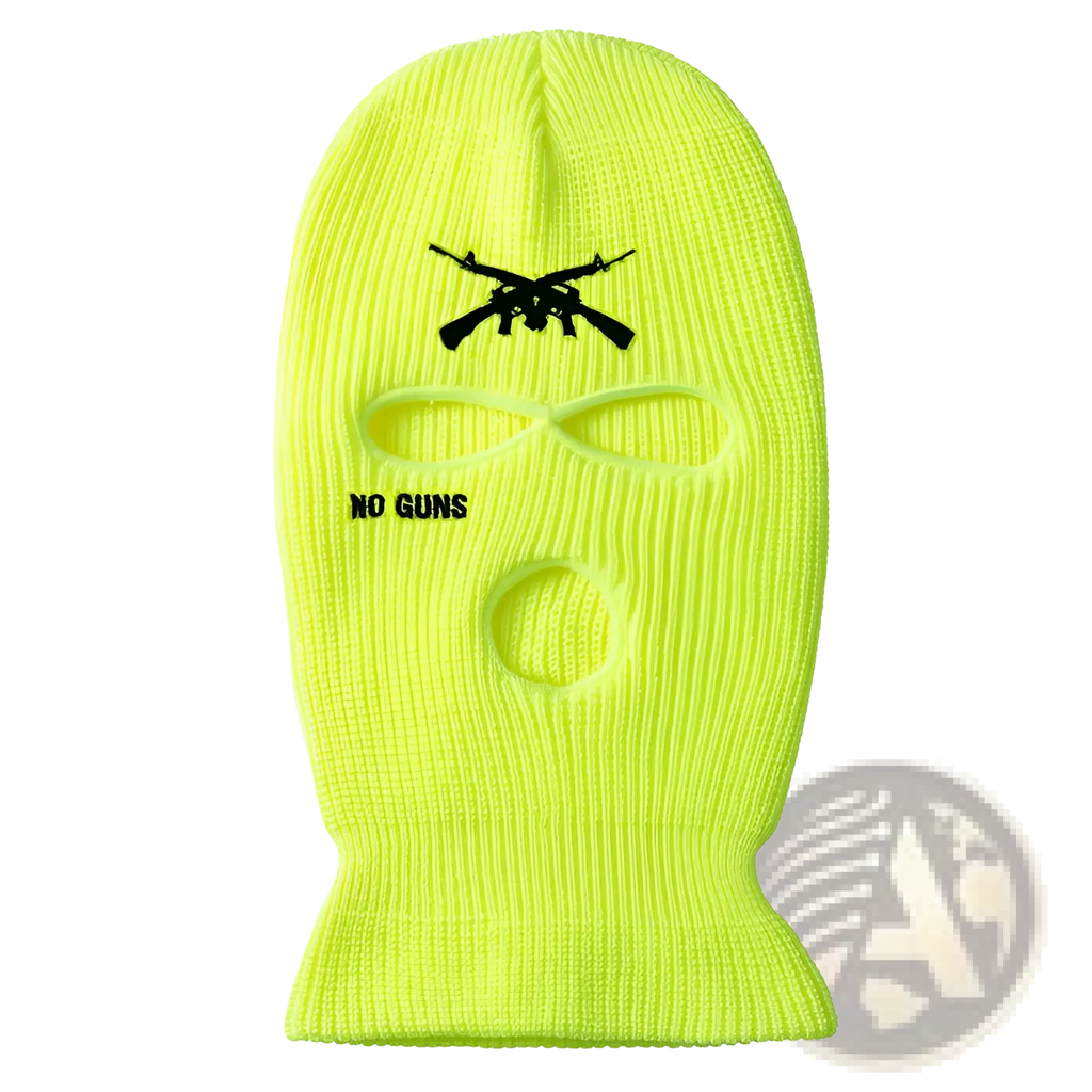 Neon yellow knitted windproof ski mask balaclava with black embroidered crossed guns and no guns text
