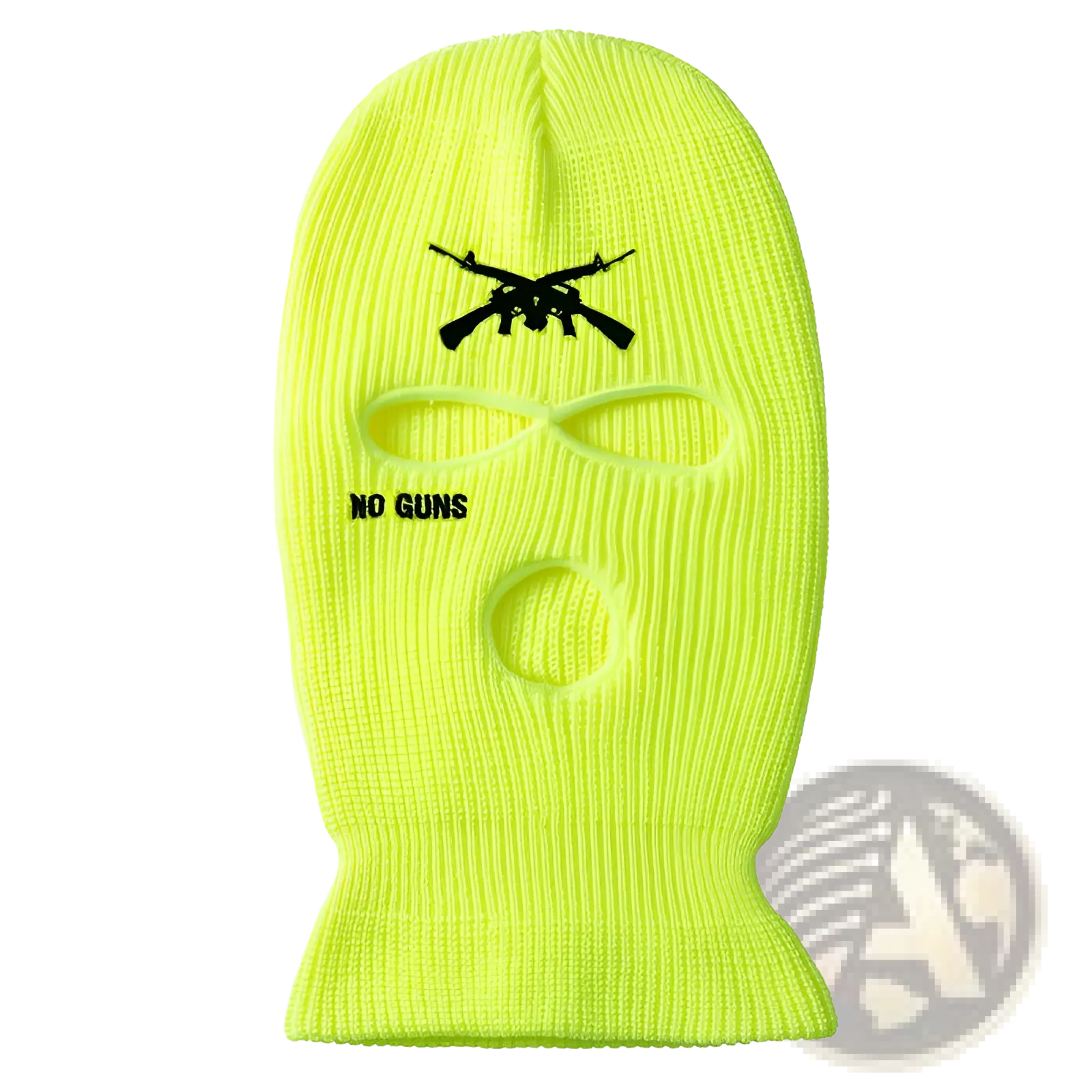 Neon yellow knitted windproof ski mask balaclava with black embroidered crossed guns and no guns text
