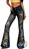 Embroidered slim-fit flared jeans in blue denim with intricate silver floral embroidery along outer legs