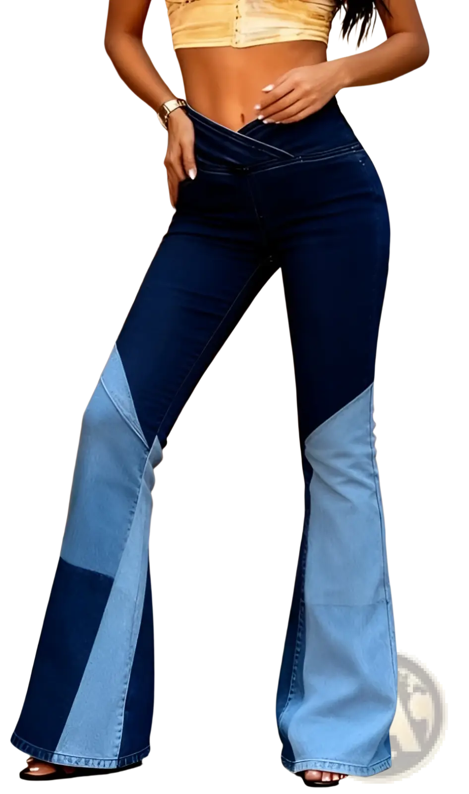 Embroidered slim-fit flared jeans in high-waisted two-tone denim with dark blue and light blue panels