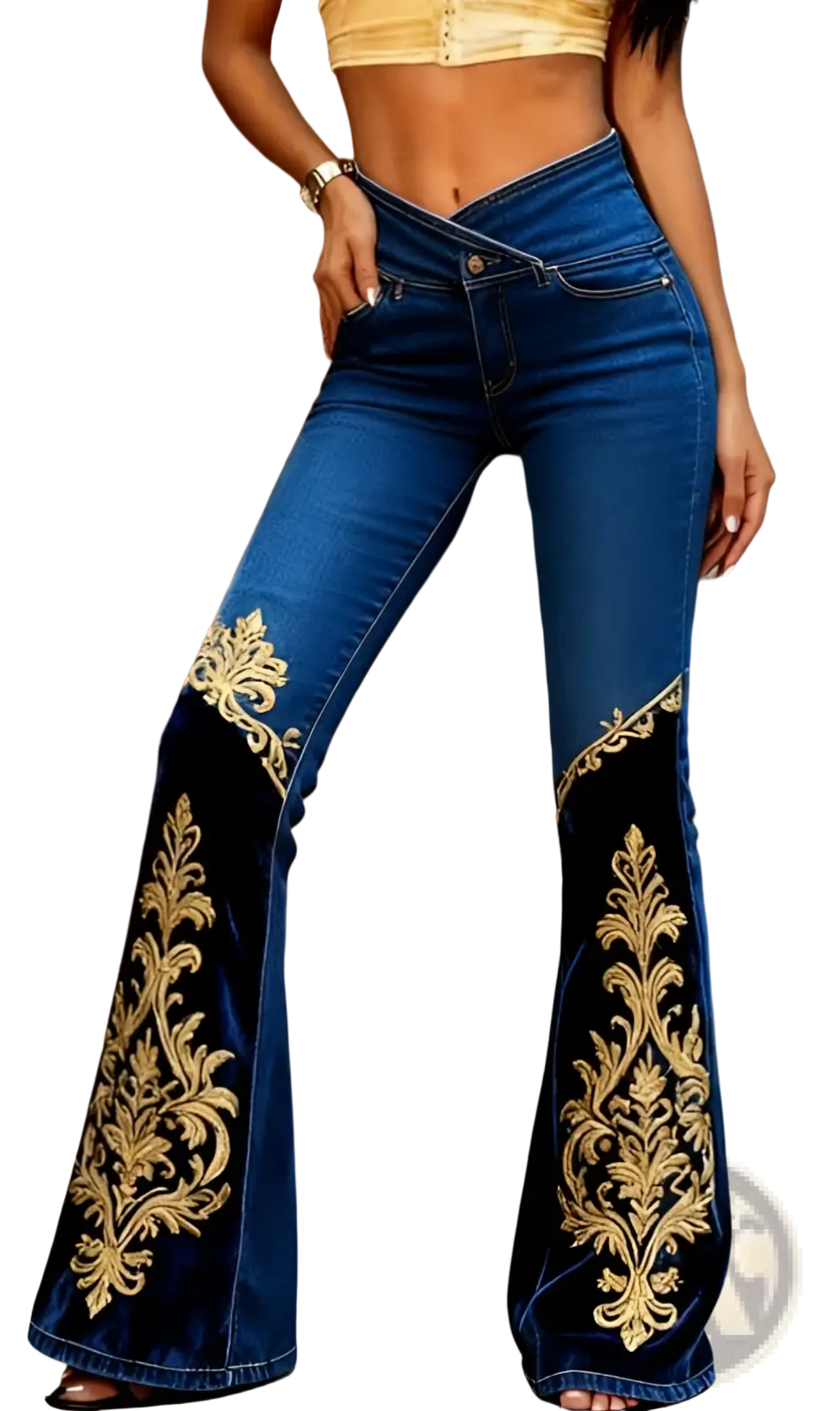 Embroidered slim-fit flared jeans in blue denim with gold floral embroidery on velvet panels