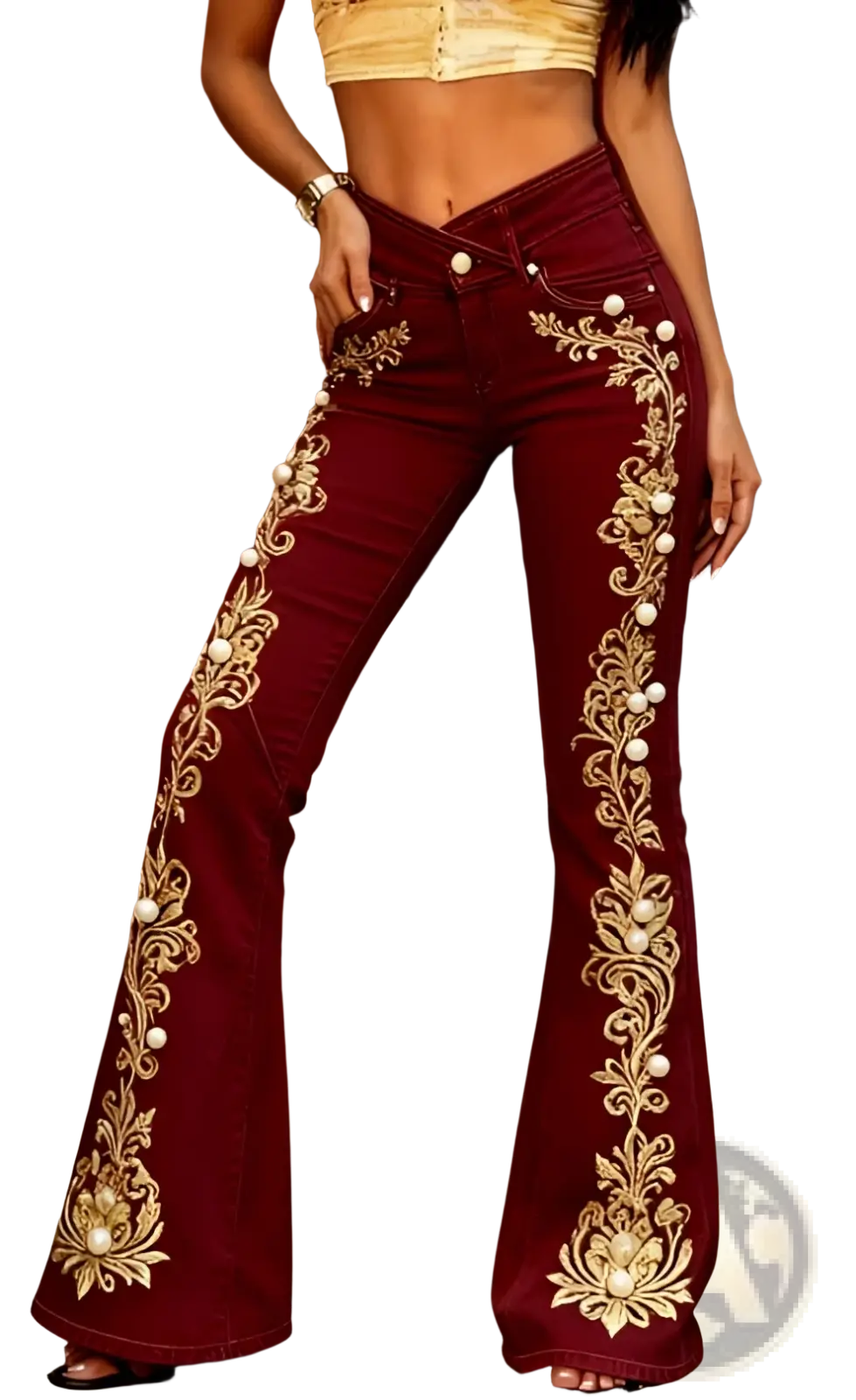 Embroidered slim-fit flared jeans in maroon with gold embroidery and pearl accents along the legs