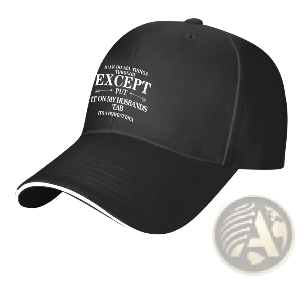 Black embroidered slogan baseball cap with white trim for women featuring a humorous motivational phrase