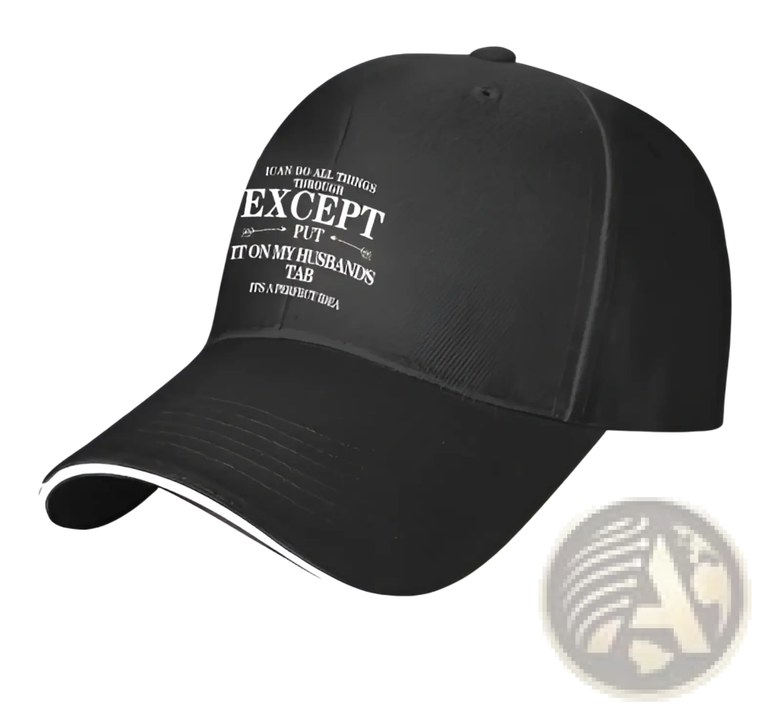 Black embroidered slogan baseball cap with white trim for women featuring a humorous motivational phrase