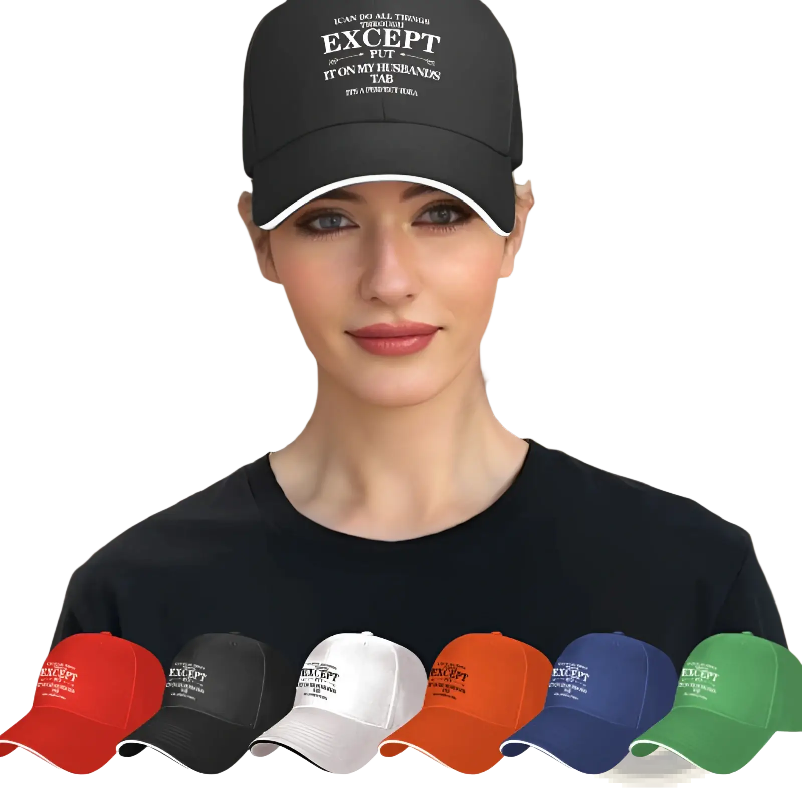 Black embroidered slogan baseball cap with white brim designed as a sun hat for women