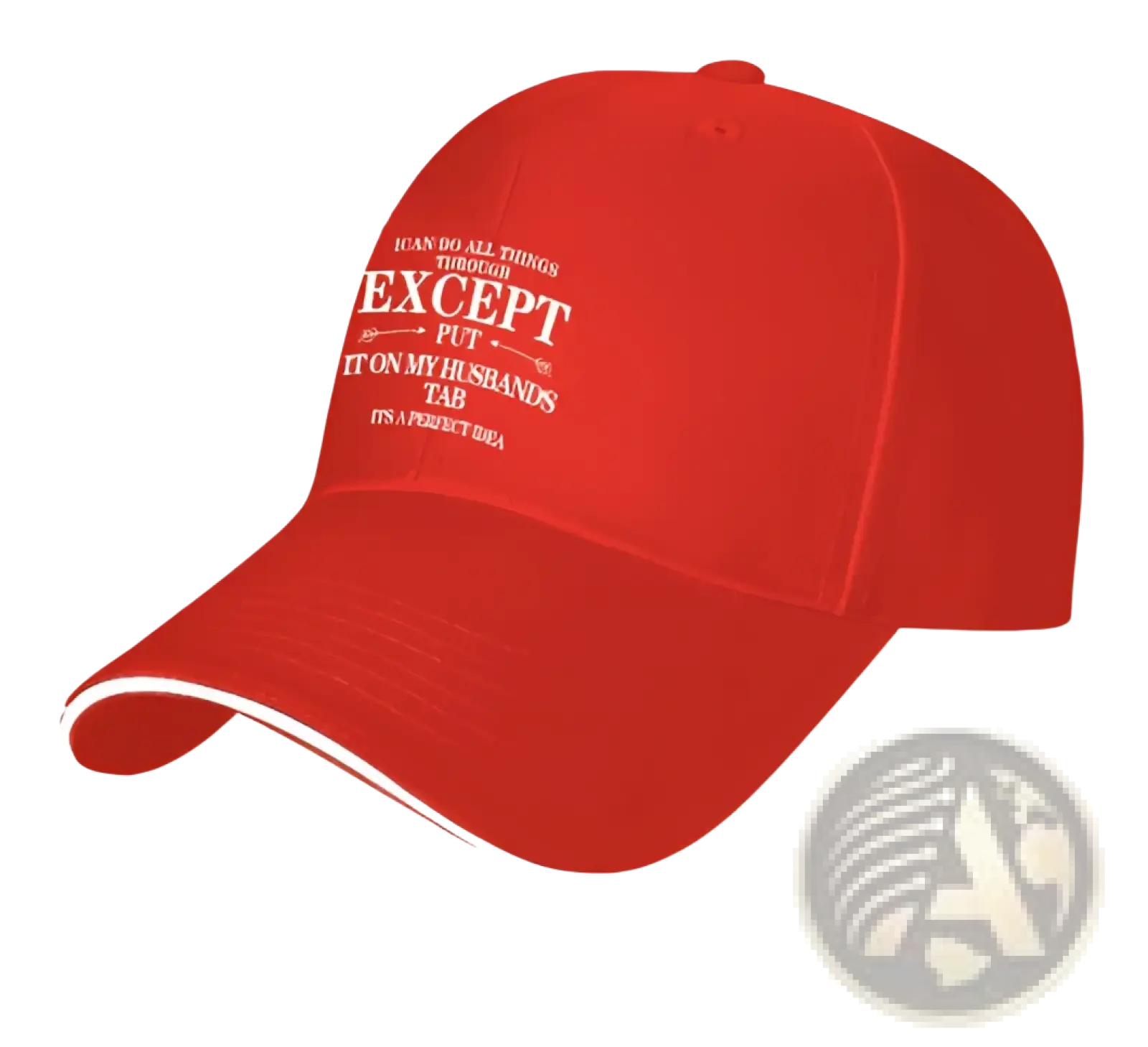 Red embroidered slogan baseball cap for women featuring white text and a thin white trim along the brim